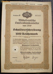 20. GERMANIA OBLIGATIUNE 1000 REICHSMARK 10.1939 MAGDEBURG foto