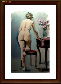 Pictura veritabila, tablou in ulei pe hartie maruflata pe lemn, Nud in budoar - P.Petrescu foto