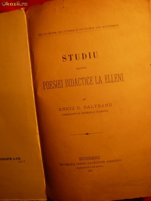 E.D.Balteanu - Studiu asupra poeziei didactice la Elleni - 1876 foto mare