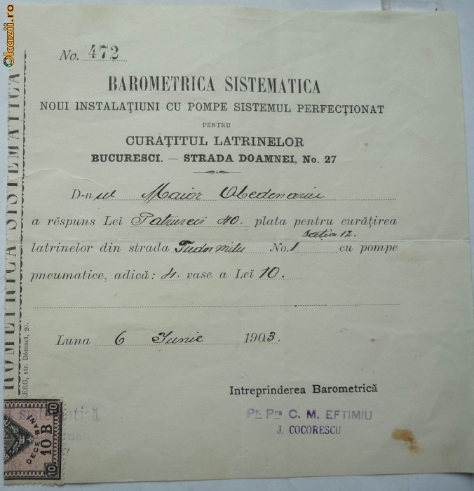Antreprisa Barometrica , Curatitul latrinelor cu pompe pneumatice in Bucuresti , 1903 foto mare