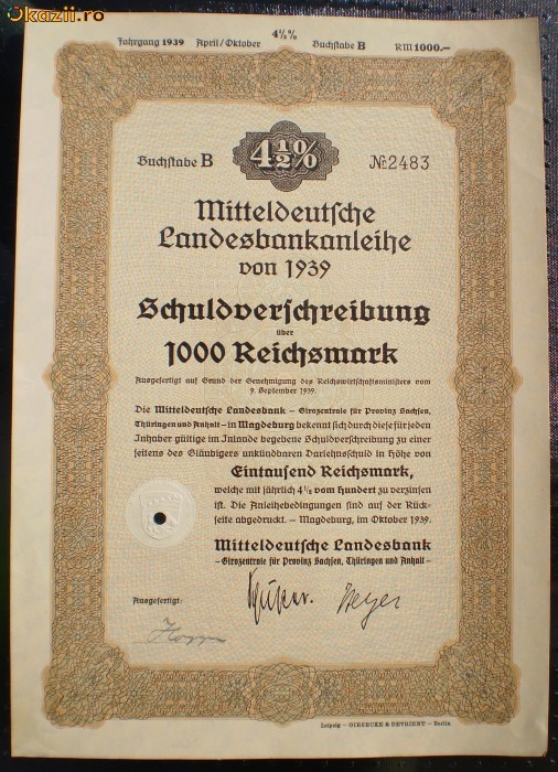 20. GERMANIA OBLIGATIUNE 1000 REICHSMARK 10.1939 MAGDEBURG foto mare