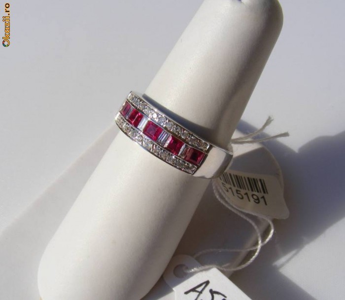 Inel designer aur 14K, 4.7g, ornat cu 5 RUBINE printesa si 28 BRILIANTE foto mare