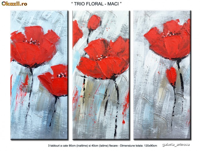 Tablou 3 piese, tablou triptic  - 120x90cm  - TRIO FLORAL MACI - foto mare