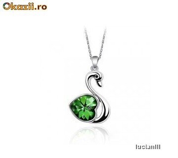 LANTISOR deosebit PLACAT CU AUR ALB de 18 k cu PANDANTIV in forma de LEBADA, cu CRISTAL Swarovski VERDE! Lant superb, piatra ce straluceste incredibil foto mare