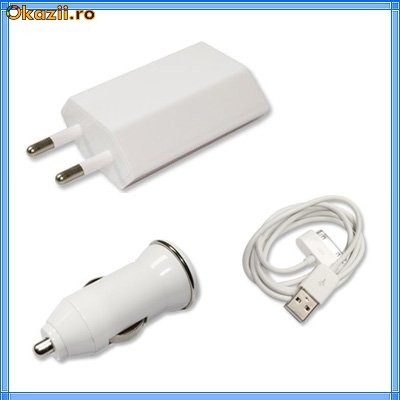 Accesorii Apple iPhone 3G 3GS 4 iPod iPad - Incarcator Masina si Casa + Cablu USB foto mare