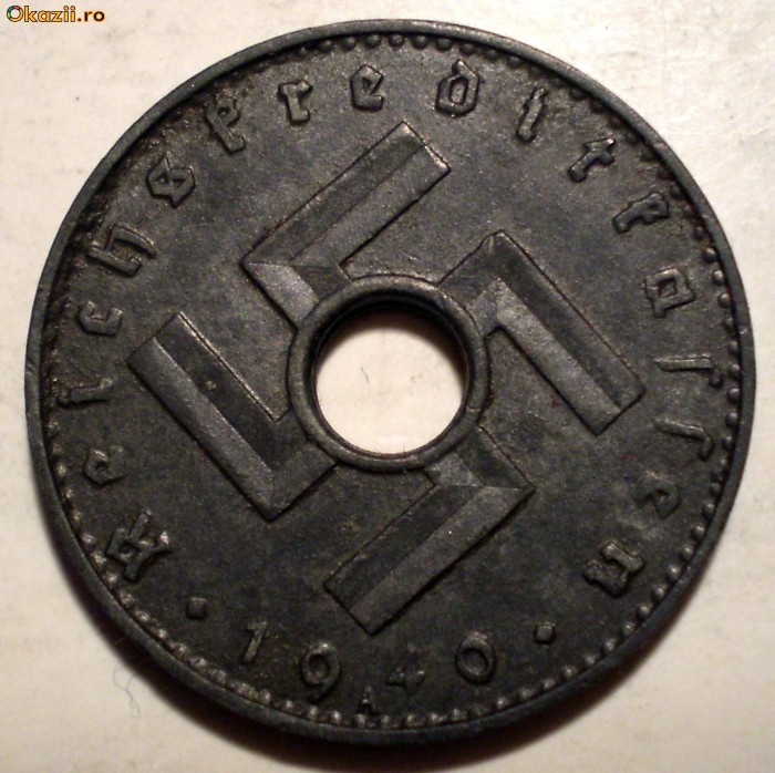 E.066 GERMANIA REICH 5 REICHSPFENNIG 1940 A RARA SVASTICA foto mare
