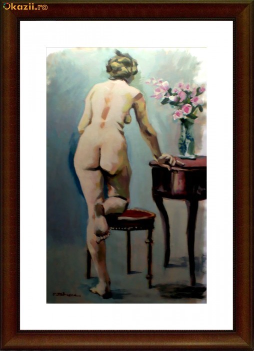Pictura veritabila, tablou in ulei pe hartie maruflata pe lemn, Nud in budoar - P.Petrescu foto mare