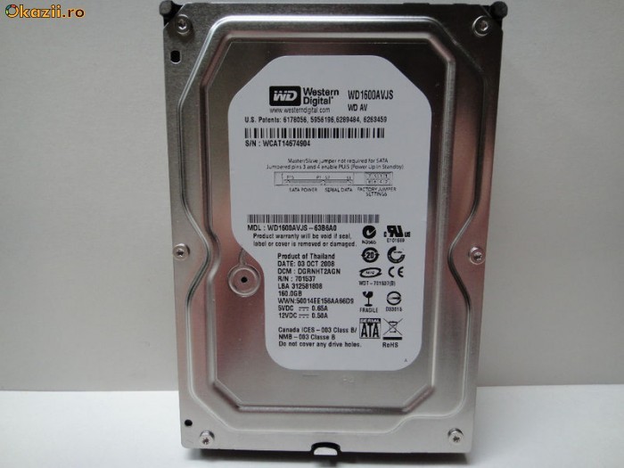 Vand hard disk Western Digital  WD1600AVJS 160GB 7200 RPM 8MB Cache SATA2 3.0Gb/s 3.5 Internal Hard Drive -Bare Drive foto mare
