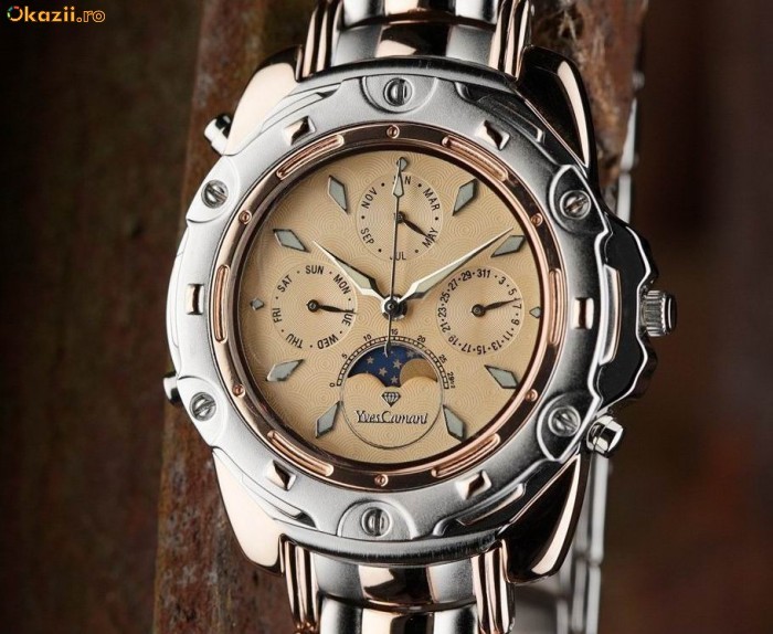 CEAS de LUX  Yves Camani , de dama , placat cu aur Rose Gold , calendar complet , fazele lunii foto mare